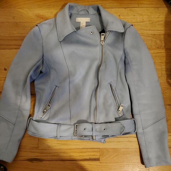 H&M Light Blue Faux Suede Zip Up Motorcycle Jacket Size 6 - Picture 1 of 5